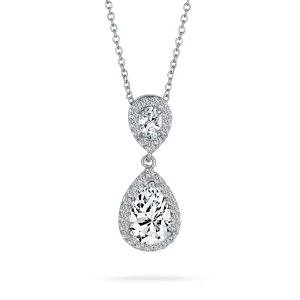 Bridal Necklace Pear CZ Teardrop Solitaire Pendant Wedding Silver Plated Brass