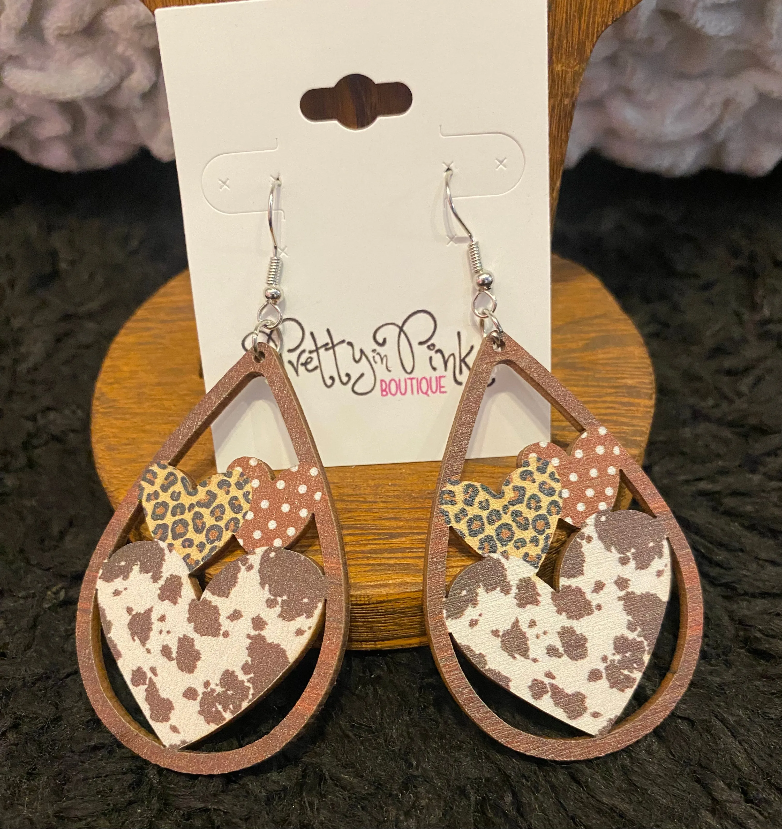Brown Cow Print Wooden Teardrop Earrings