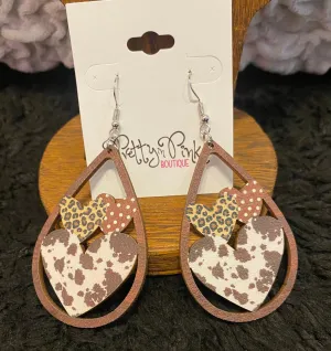 Brown Cow Print Wooden Teardrop Earrings