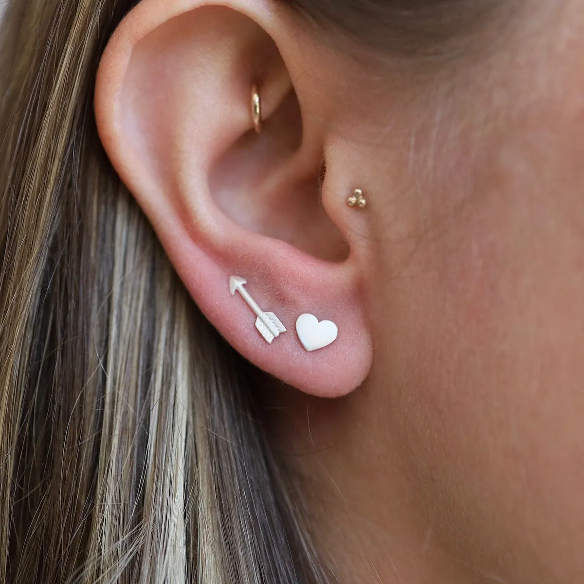 Brushed Sterling Silver Flat Heart & Arrow Mixed Stud Earrings