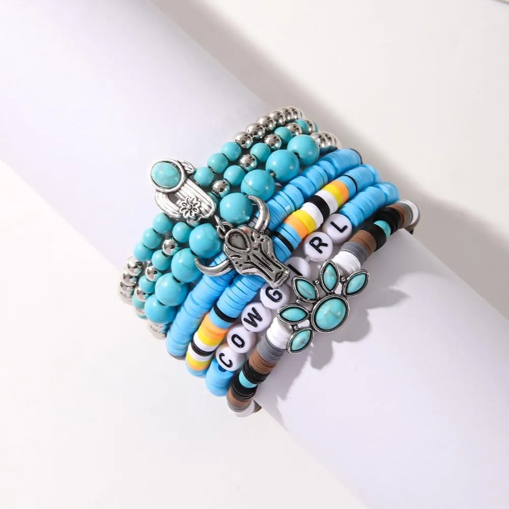 Caiyao Western Cowgirl Turquoise Beaded Stretch Bracelets Bull Head Cow Feather Boot Charm Bohemian Stackable Bracelets Set Jewelry for Women