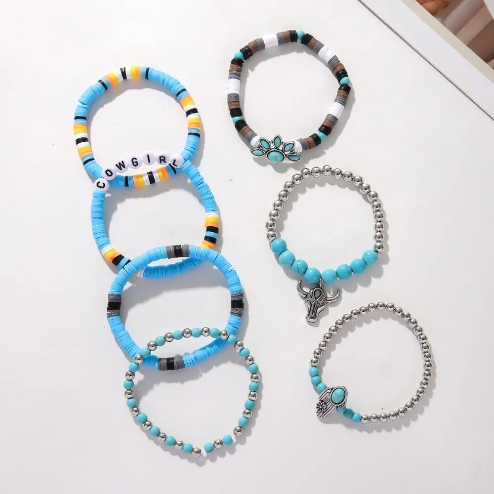 Caiyao Western Cowgirl Turquoise Beaded Stretch Bracelets Bull Head Cow Feather Boot Charm Bohemian Stackable Bracelets Set Jewelry for Women