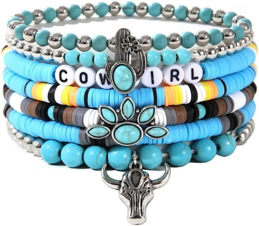 Caiyao Western Cowgirl Turquoise Beaded Stretch Bracelets Bull Head Cow Feather Boot Charm Bohemian Stackable Bracelets Set Jewelry for Women