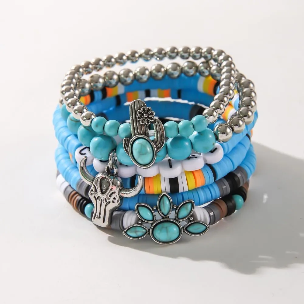 Caiyao Western Cowgirl Turquoise Beaded Stretch Bracelets Bull Head Cow Feather Boot Charm Bohemian Stackable Bracelets Set Jewelry for Women