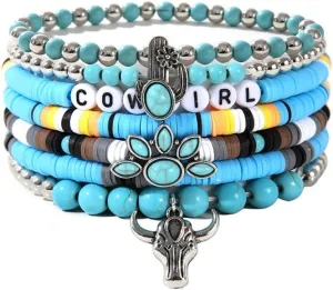 Caiyao Western Cowgirl Turquoise Beaded Stretch Bracelets Bull Head Cow Feather Boot Charm Bohemian Stackable Bracelets Set Jewelry for Women