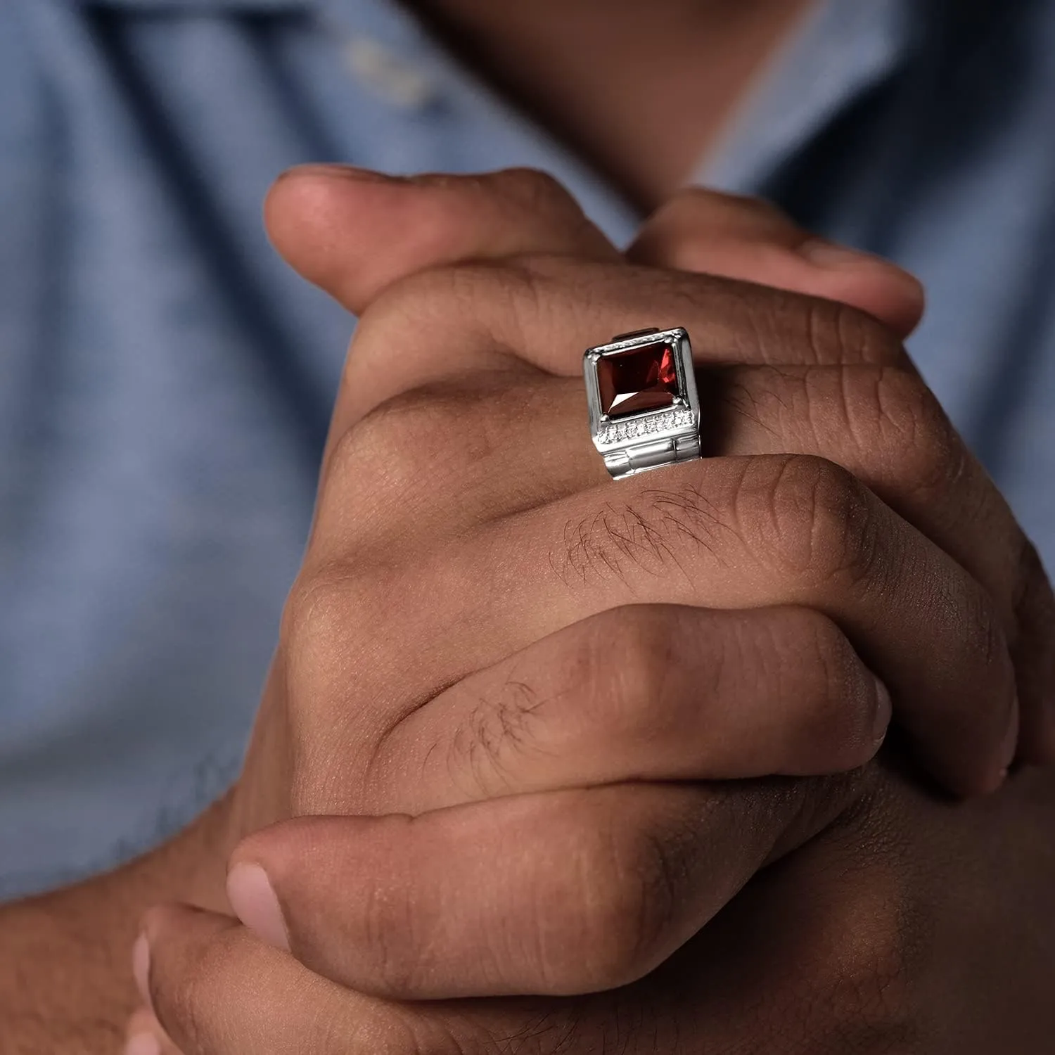 Cali Trove 1/20 ct Natural Diamond and Gemstone Ring for Men | 925 Sterling Silver Diamond Rings for Men | Garnet, Onyx & Blue Topaz Gemstone Rings | Textured Jewelry Gift for Him