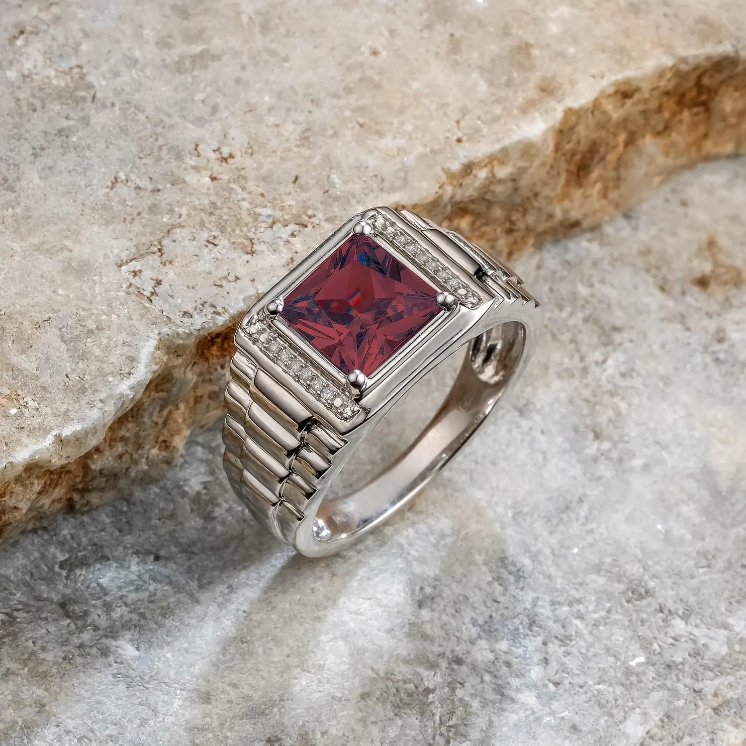 Cali Trove 1/20 ct Natural Diamond and Gemstone Ring for Men | 925 Sterling Silver Diamond Rings for Men | Garnet, Onyx & Blue Topaz Gemstone Rings | Textured Jewelry Gift for Him