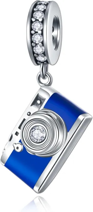 Camera Charm Sterling Silver Photography Charm, Blue Enamel with Cubic Zirconia Pendant for Women Pandora Style Bracelets