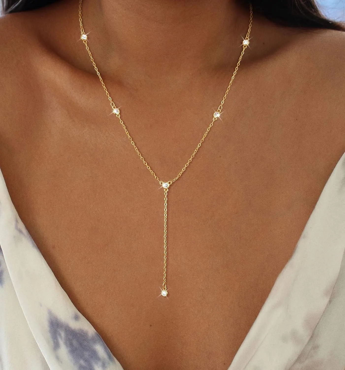 CAROVO Gold Necklace for Women Dainty Long Necklace 14K Gold/Silver Lariat Y-Shaped Pendant Necklaces Trendy Layered Lip Cubic Zirconia Beaded Chain Drop Necklaces Jewelry for Women Gifts