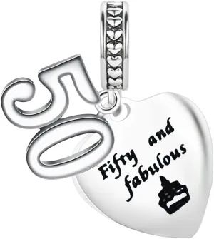 Celebrating 50 Birthday Anniversary Charm Compatible with Pandora Charm Bracelet Women Fabulous Silver Dangle Wife Sister Best Friends Besties