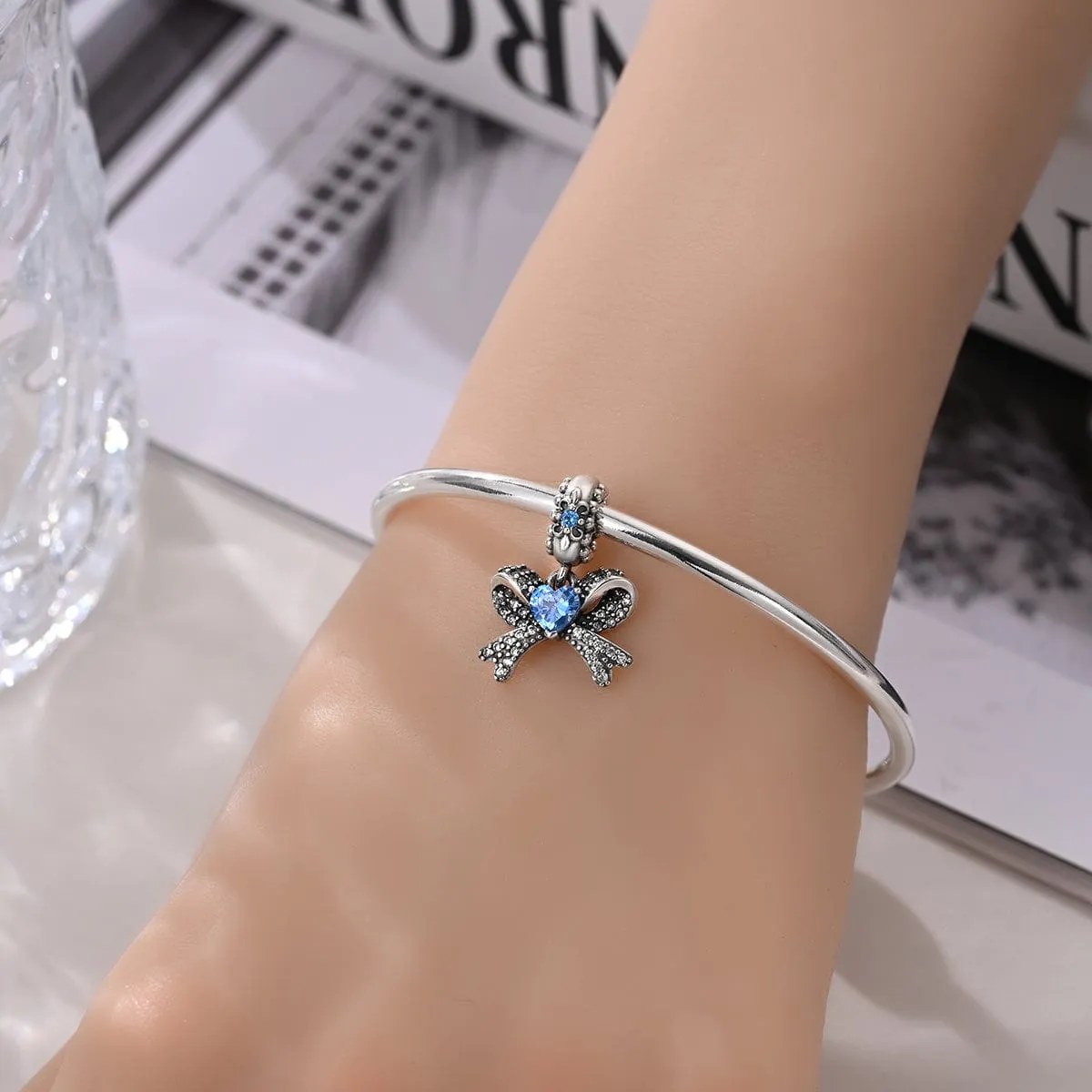 Celestial Blue Heart & Ribbon Dangle Charm