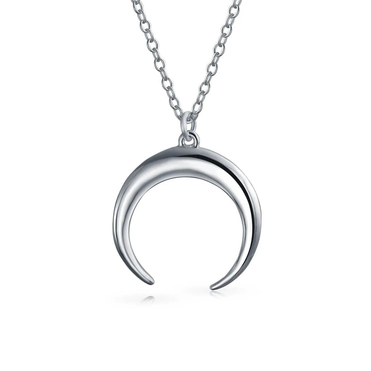 Celestial Crescent Moon Pendant Necklace in Sterling Silver Double Horn Design