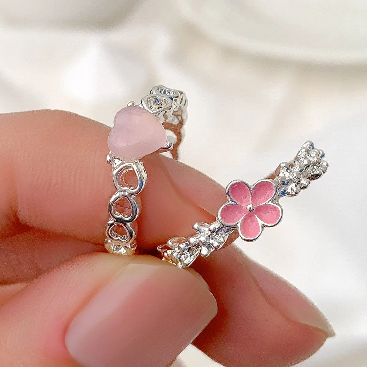 Chic Flower Opal Heart Ring Set