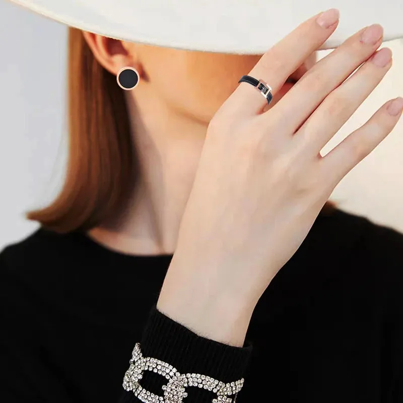 Chic Watch Shape Stainless Steel Rings Rose Gold Color Black Strap Rectangle Rings