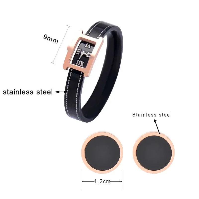 Chic Watch Shape Stainless Steel Rings Rose Gold Color Black Strap Rectangle Rings