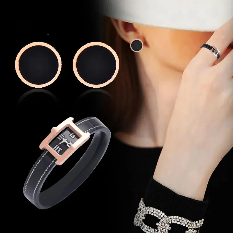 Chic Watch Shape Stainless Steel Rings Rose Gold Color Black Strap Rectangle Rings