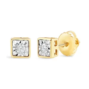 Children's Square Shape Stud Earrings with 0.07ct of Diamonds in 9ct Yellow Gold