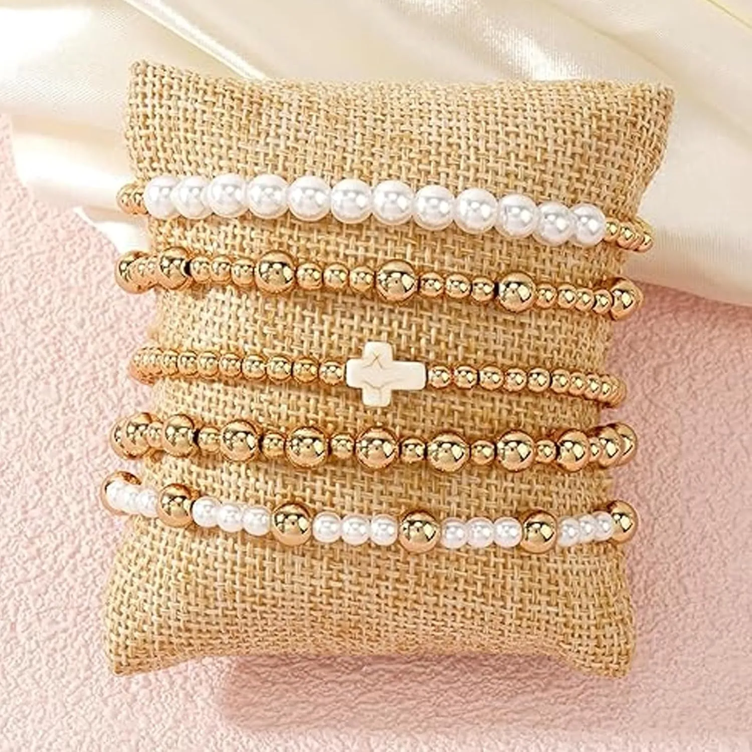 choice of all Gold Bracelets for Women Trendy Beaded Bracelet Non Tarnish Stack Cross Pearl Beaded Stretch Bracelets Jewelry Gifts for Women