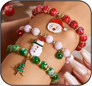 Christmas Beaded Bracelets for Women Candy Santa Snowflake Elk Bracelets Set Christmas Tree Car Stretch Bracelets Set Christmas Holiday Party Charm Jewelry