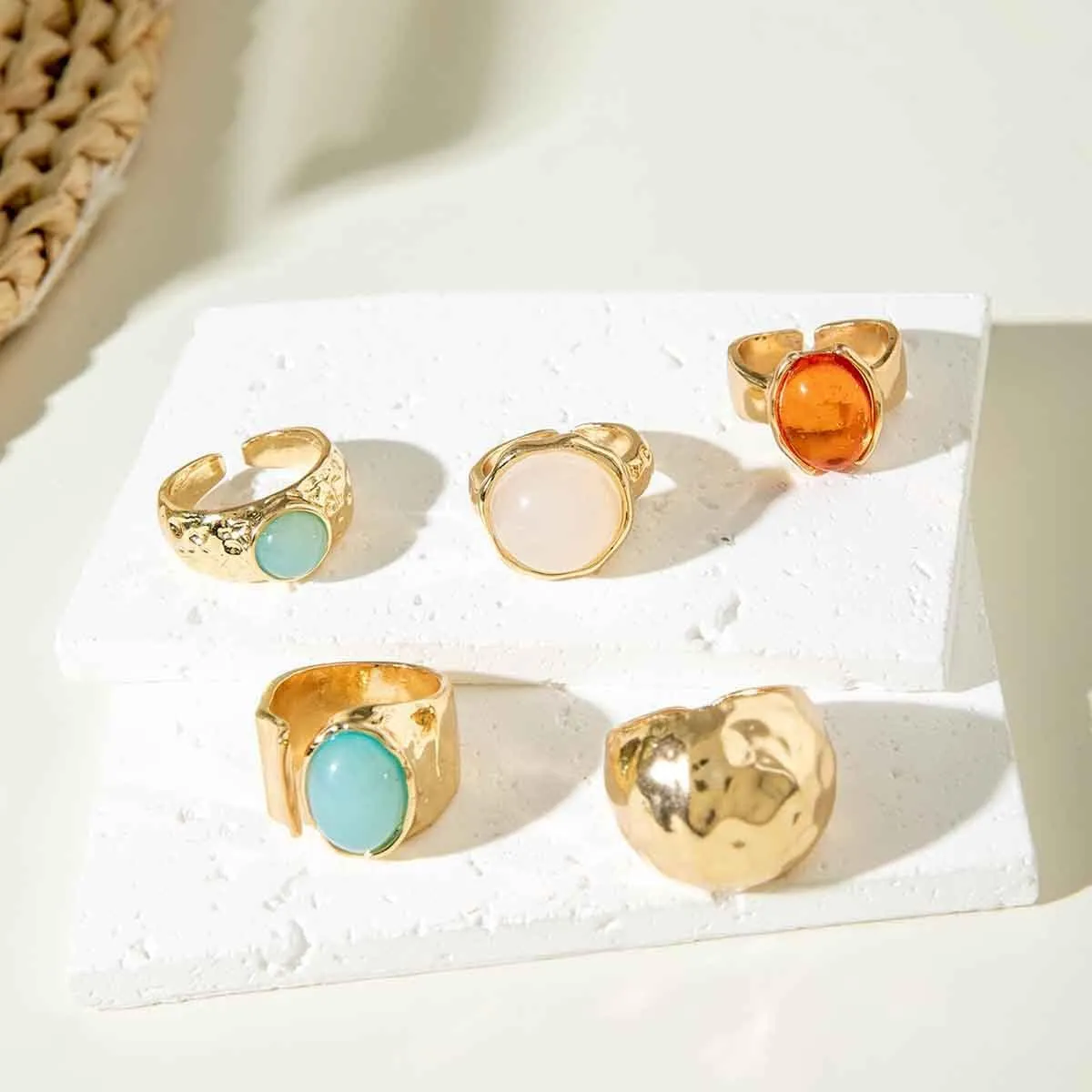 Chunky Gold Ring Set for Women Adjustable Stackable Statement Rings Punk Geometric Turquoise Minimalist Jewelry