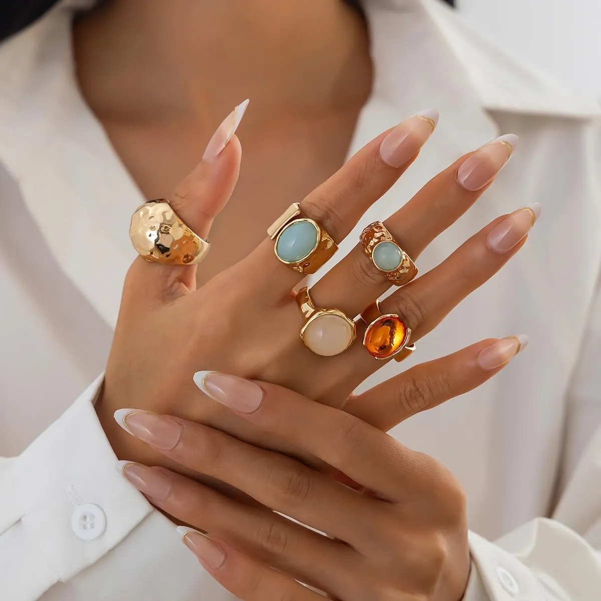 Chunky Gold Rings for Women Dainty Adjustable Non Tarnish Chunky Gemstone Statement Ring Vintage Irregular Open Ring Set Trendy Jewelry for Women