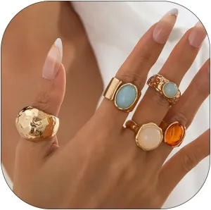 Chunky Gold Rings for Women Dainty Adjustable Non Tarnish Chunky Gemstone Statement Ring Vintage Irregular Open Ring Set Trendy Jewelry for Women