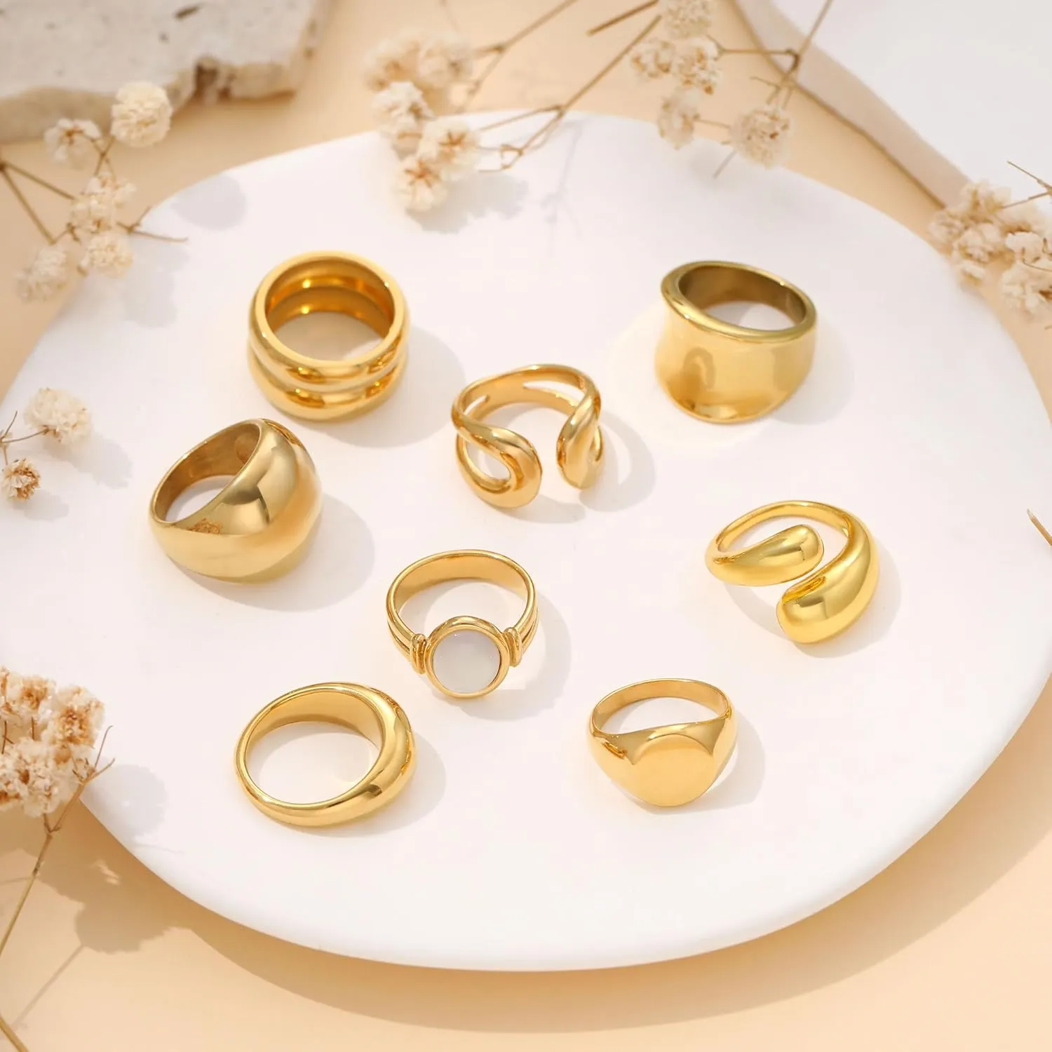 Chunky Gold Rings Gifts for Women Teen Girls 14K Gold Plated Ring No Tarnish Stackable Statement Thumb Dome Band Pinky Rings Birthday Anniversary Retirement Christmas Gift Jewelry