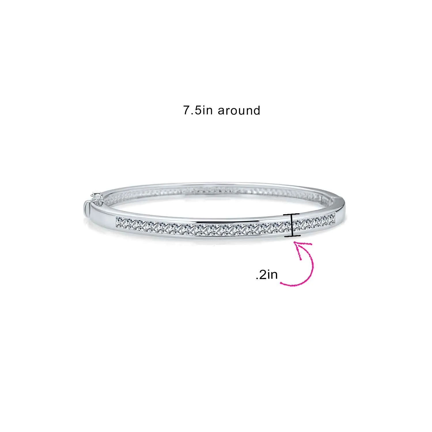 Classic Bridal CZ Channel Set Princess Cut Eternity Bangle Bracelet, Silver 7-7.5"