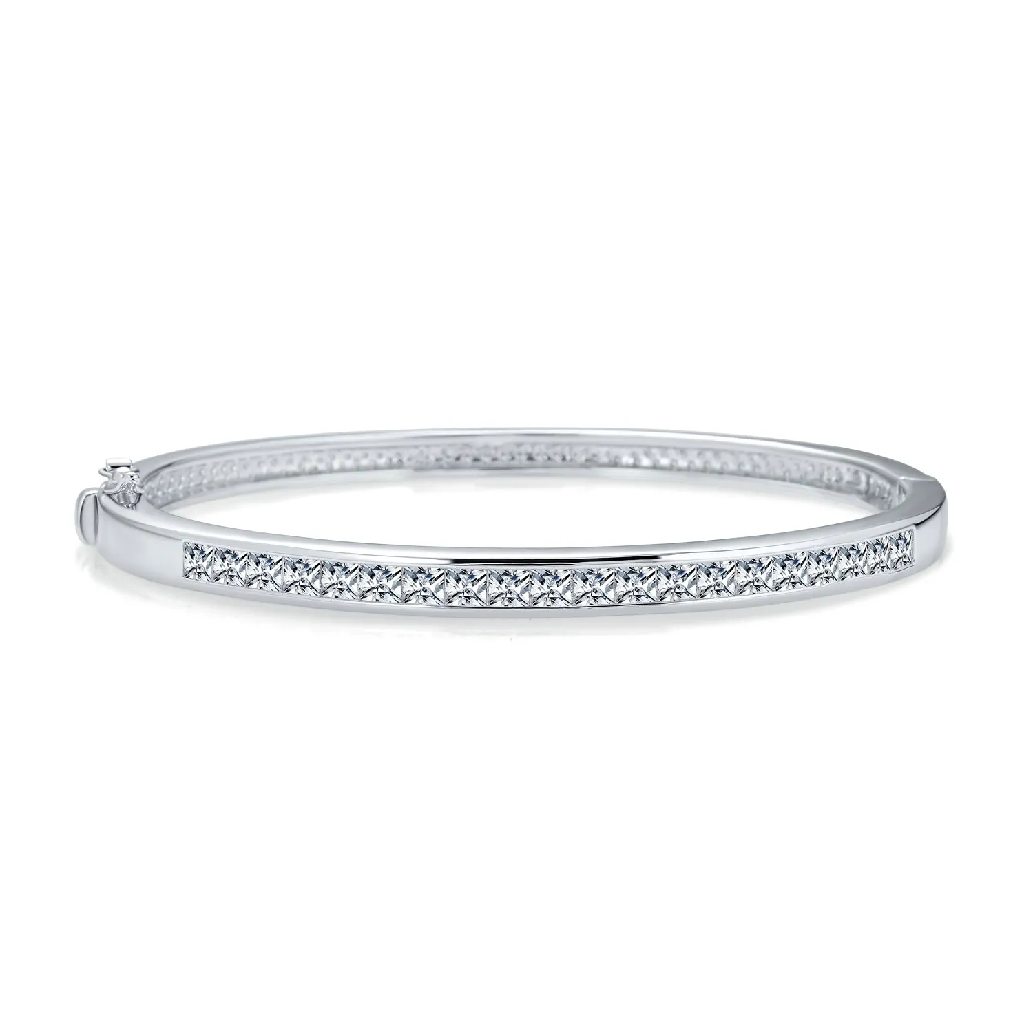 Classic Bridal CZ Channel Set Princess Cut Eternity Bangle Bracelet, Silver 7-7.5"
