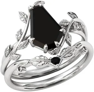 Coffin Shape Black Onyx Natural Gemstone Ring, Unique 2pcs Bridal 925 Sterling Silver Ring For Her