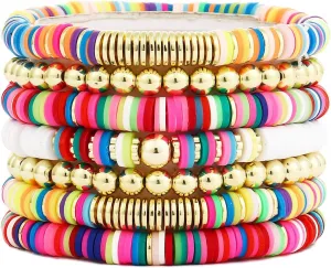Colorful Beaded Bracelets for Women Heishi Bracelet Set Gold Bead Bracelets Resin Acrylic Bangle Bracelets Stackable Stretch Strand Bracelet