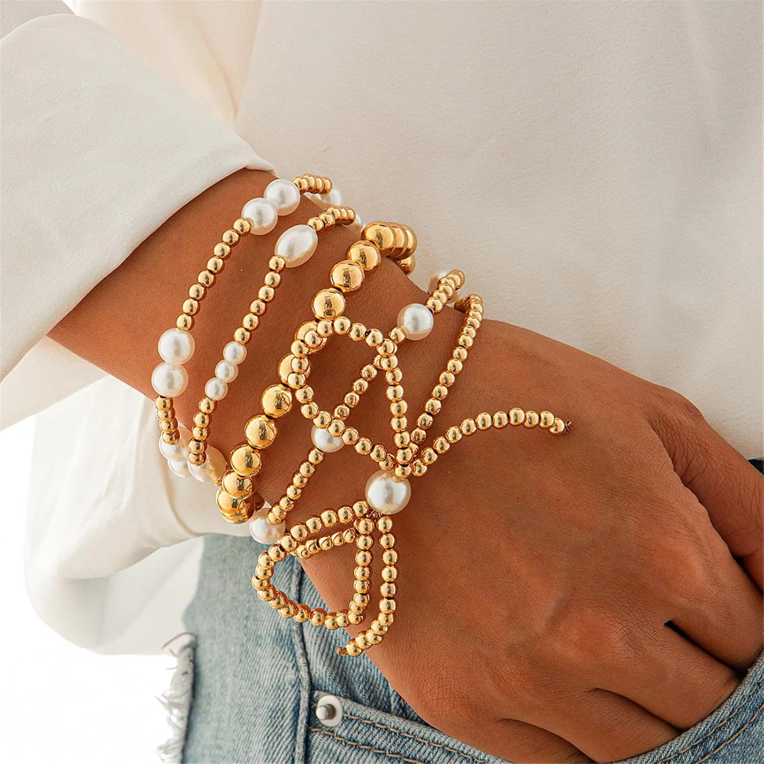 COLORFUL BLING Bow Bowknot Faux Pearl Beaded Ball Stretch Bracelet for Women Friend Jewelry Gift Adjustable Stackable Bracelet