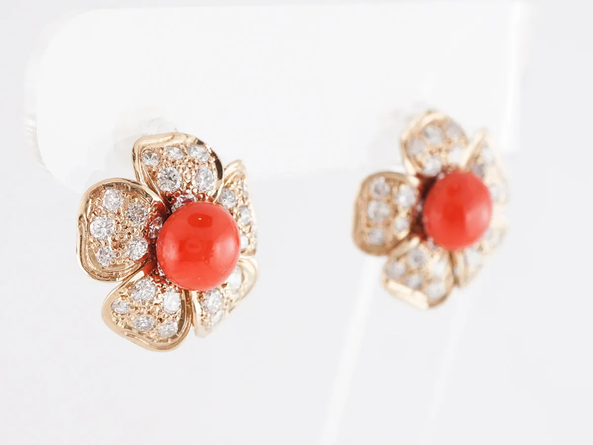 Coral and Diamond Flower Earrings in 14k Yellow Gold