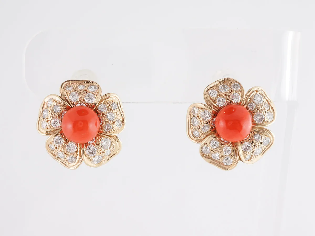 Coral and Diamond Flower Earrings in 14k Yellow Gold
