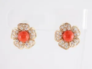 Coral and Diamond Flower Earrings in 14k Yellow Gold