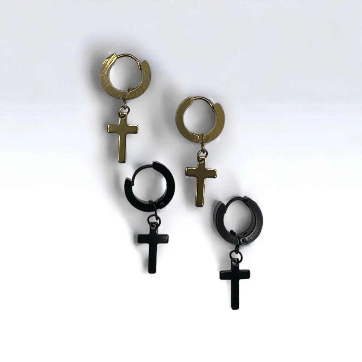 Cross Hoop Earrings | Stainless Steel | Dangling | Gold | Black | Gift