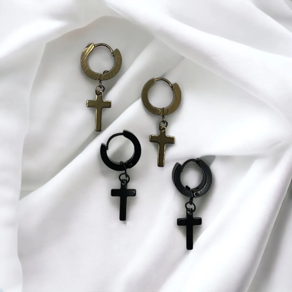 Cross Hoop Earrings | Stainless Steel | Dangling | Gold | Black | Gift
