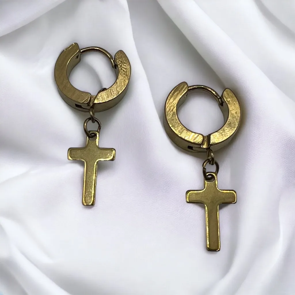 Cross Hoop Earrings | Stainless Steel | Dangling | Gold | Black | Gift