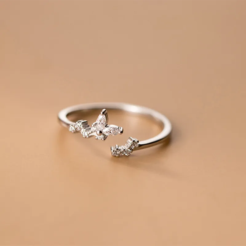 Crystal Zircon Branch Bud Sweet Chic Leaf Opening Ring