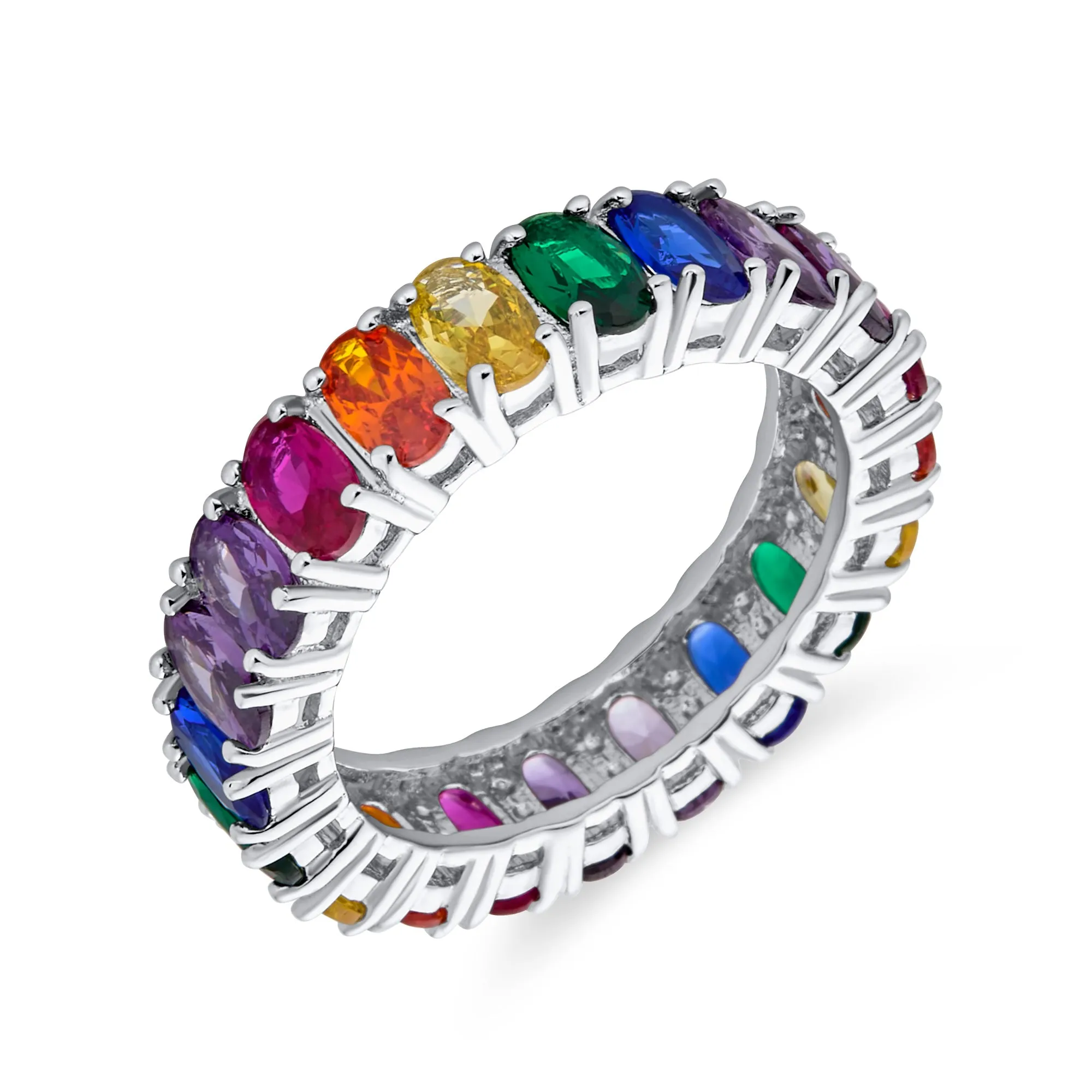 Cubic Zirconia Rainbow Cocktail Statement Ring Sterling Silver Stackable Band