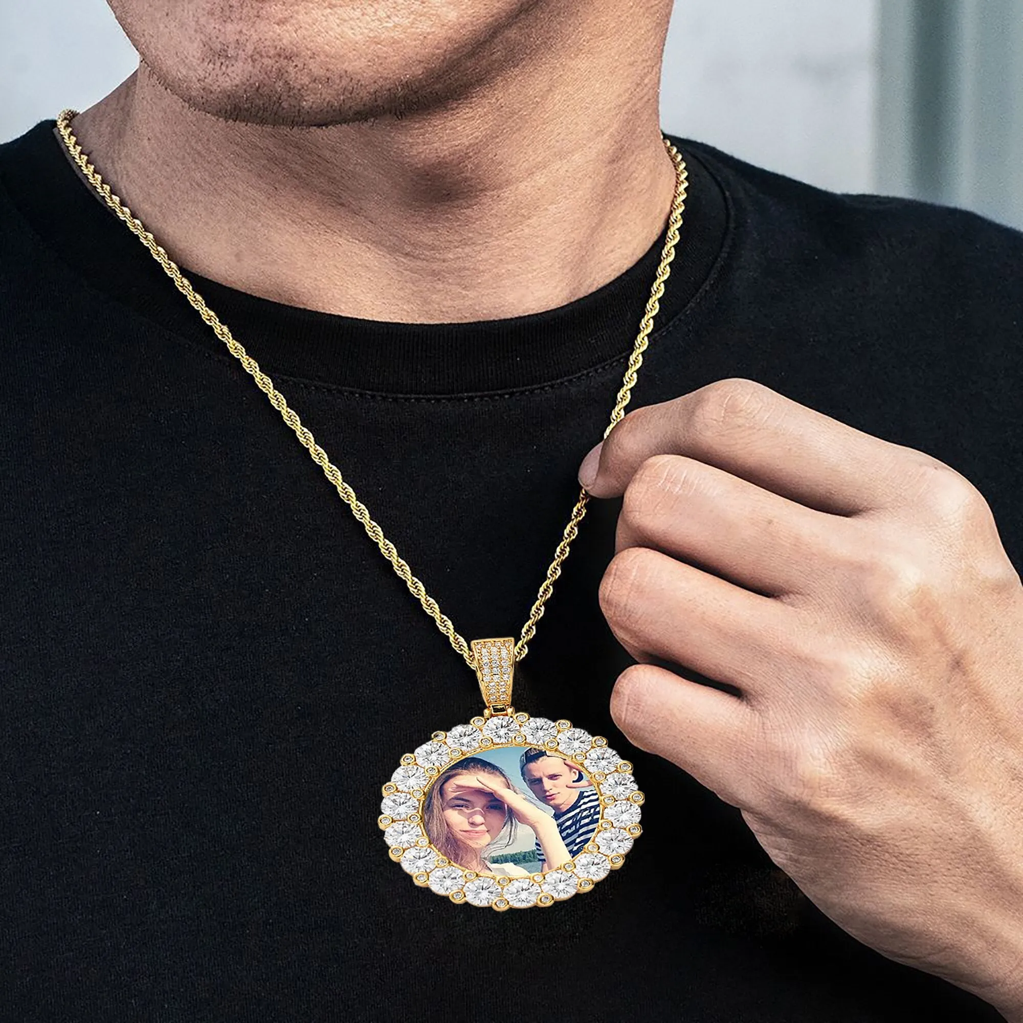 Customizable photoMen's Fashion Inlaid Exquisite Micro-dense Zircon Hip Hop Rock Party