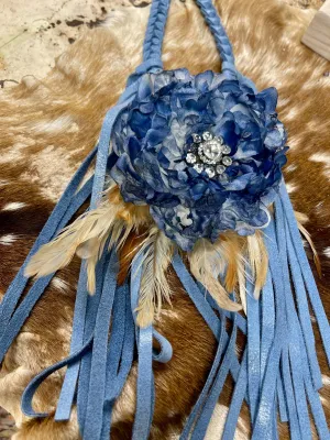 Denim Blue Leather Braided Necklace w/ Fabulous Flower & Feather Pendant