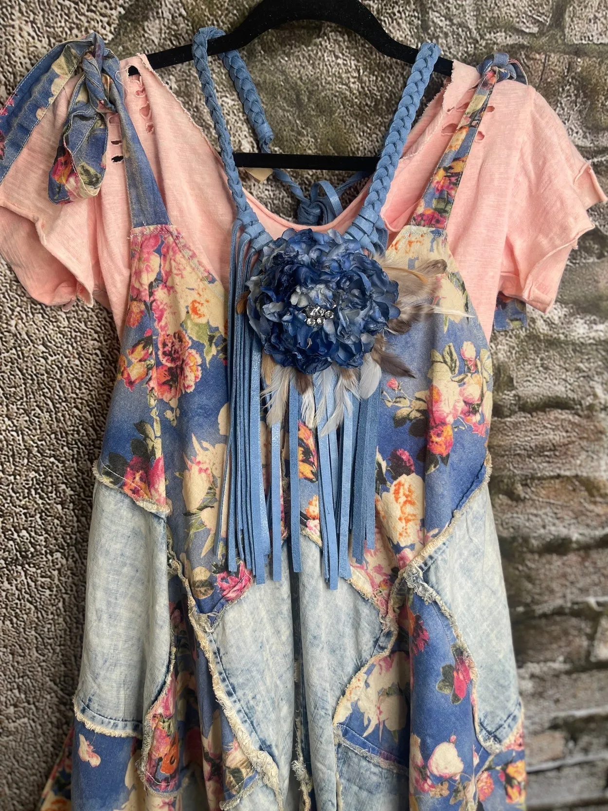 Denim Blue Leather Braided Necklace w/ Fabulous Flower & Feather Pendant