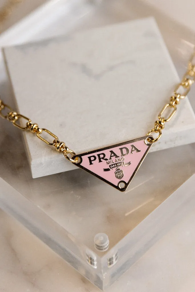 .Designer Charm On Vintage Style Link Chain, Pink
