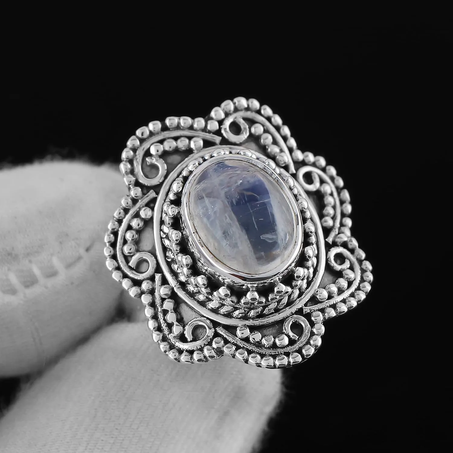 DEVMUKTI Natural Rainbow Moonstone Gemstone Rings, 925 Sterling Silver, Handmade Jewelry, AAA Grade Stones, Chakra Healing Crystals, June Birthstone, Designer Rings, Gift for Women Gift (US - 9)