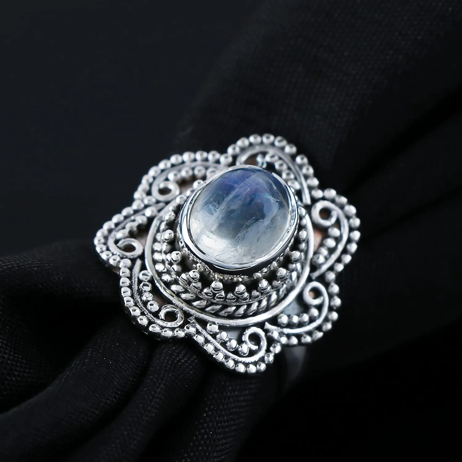 DEVMUKTI Natural Rainbow Moonstone Gemstone Rings, 925 Sterling Silver, Handmade Jewelry, AAA Grade Stones, Chakra Healing Crystals, June Birthstone, Designer Rings, Gift for Women Gift (US - 9)