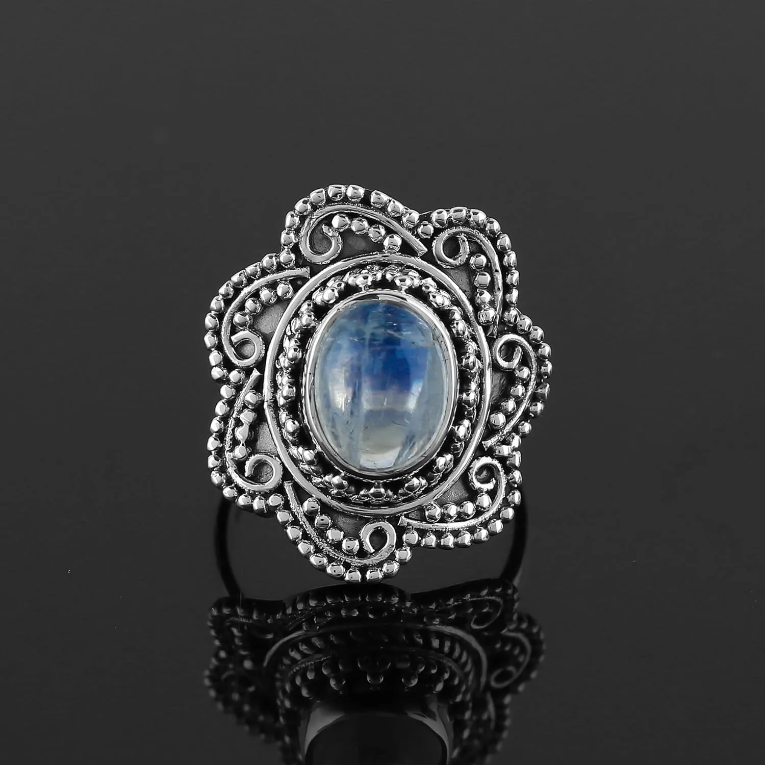 DEVMUKTI Natural Rainbow Moonstone Gemstone Rings, 925 Sterling Silver, Handmade Jewelry, AAA Grade Stones, Chakra Healing Crystals, June Birthstone, Designer Rings, Gift for Women Gift (US - 9)
