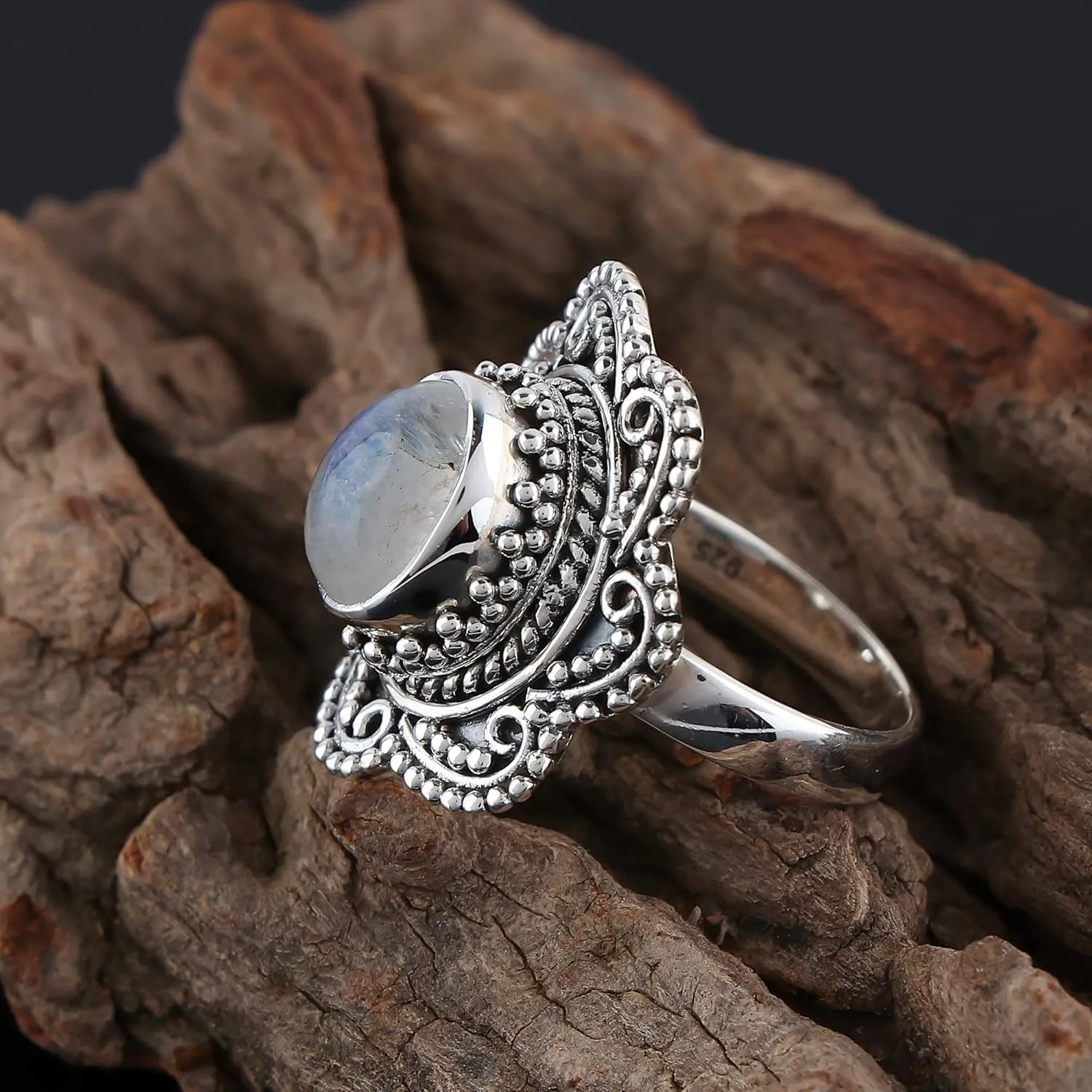 DEVMUKTI Natural Rainbow Moonstone Gemstone Rings, 925 Sterling Silver, Handmade Jewelry, AAA Grade Stones, Chakra Healing Crystals, June Birthstone, Designer Rings, Gift for Women Gift (US - 9)