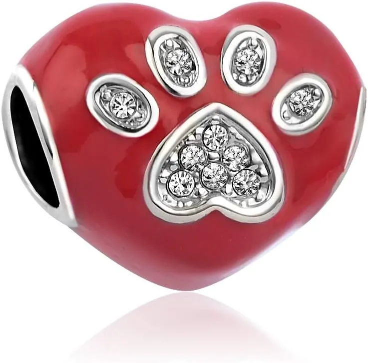 Dog Mom Silver Bead Charm for Bracelets Paw Print Bone Charms Red Black Charm Bracelet for Puppy Mom Women Dog Lover Pet Doggy Mother Pooch Doggie Mommy