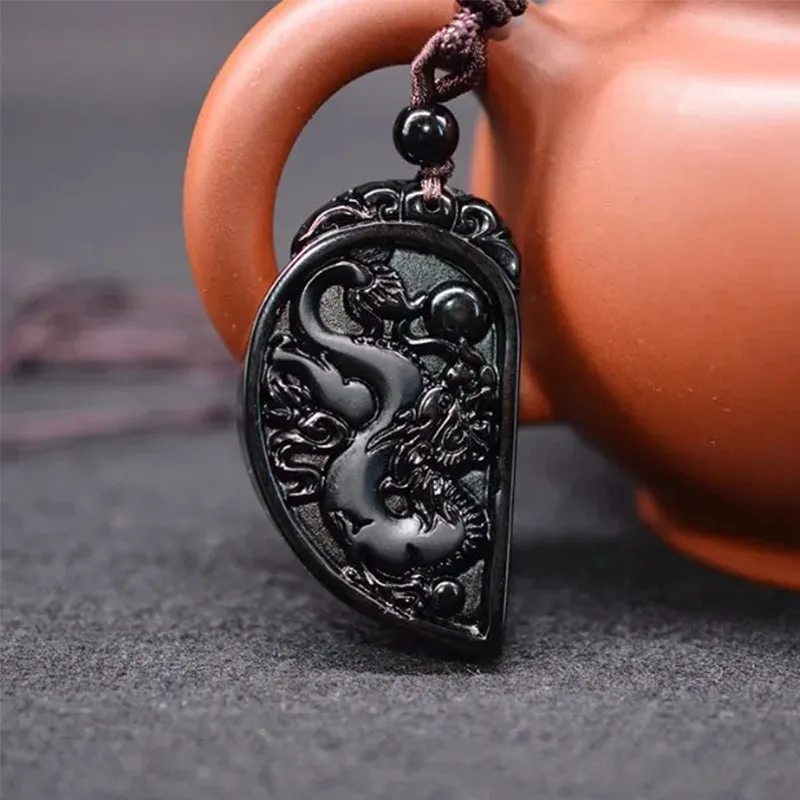 Dragon Phoenix Pendant Yin Yang Obsidian 2 Necklaces Couple Set